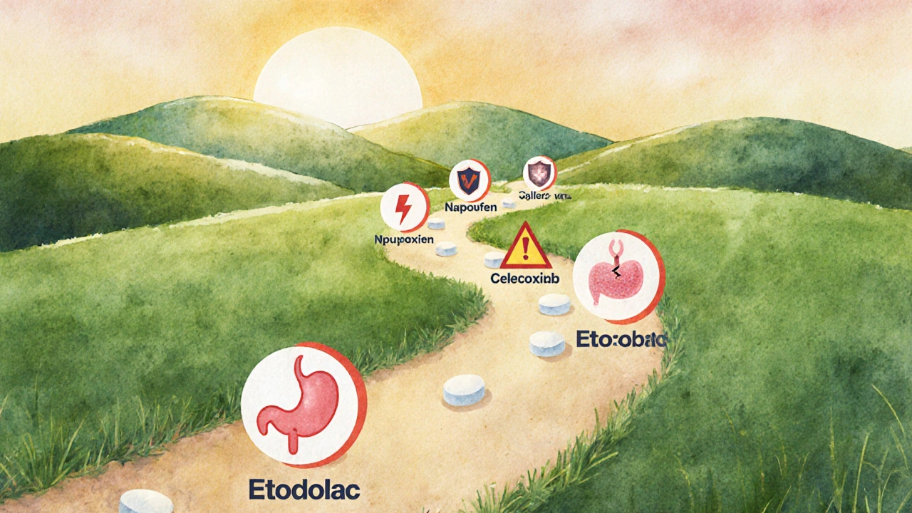 A winding path illustrating pain management options, with Etodolac as the safest central route.