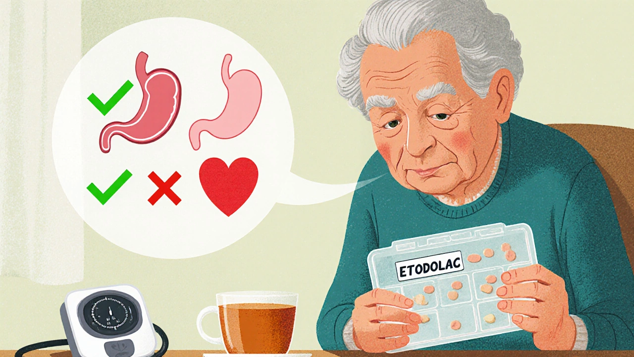 An elderly person at a kitchen table with Etodolac pills, tea, and a blood pressure monitor.