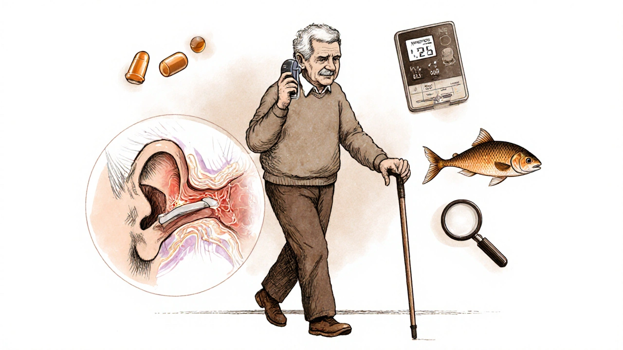 An elderly person with healthy ear blood flow enhanced by aspirin, surrounded by hearing health icons.