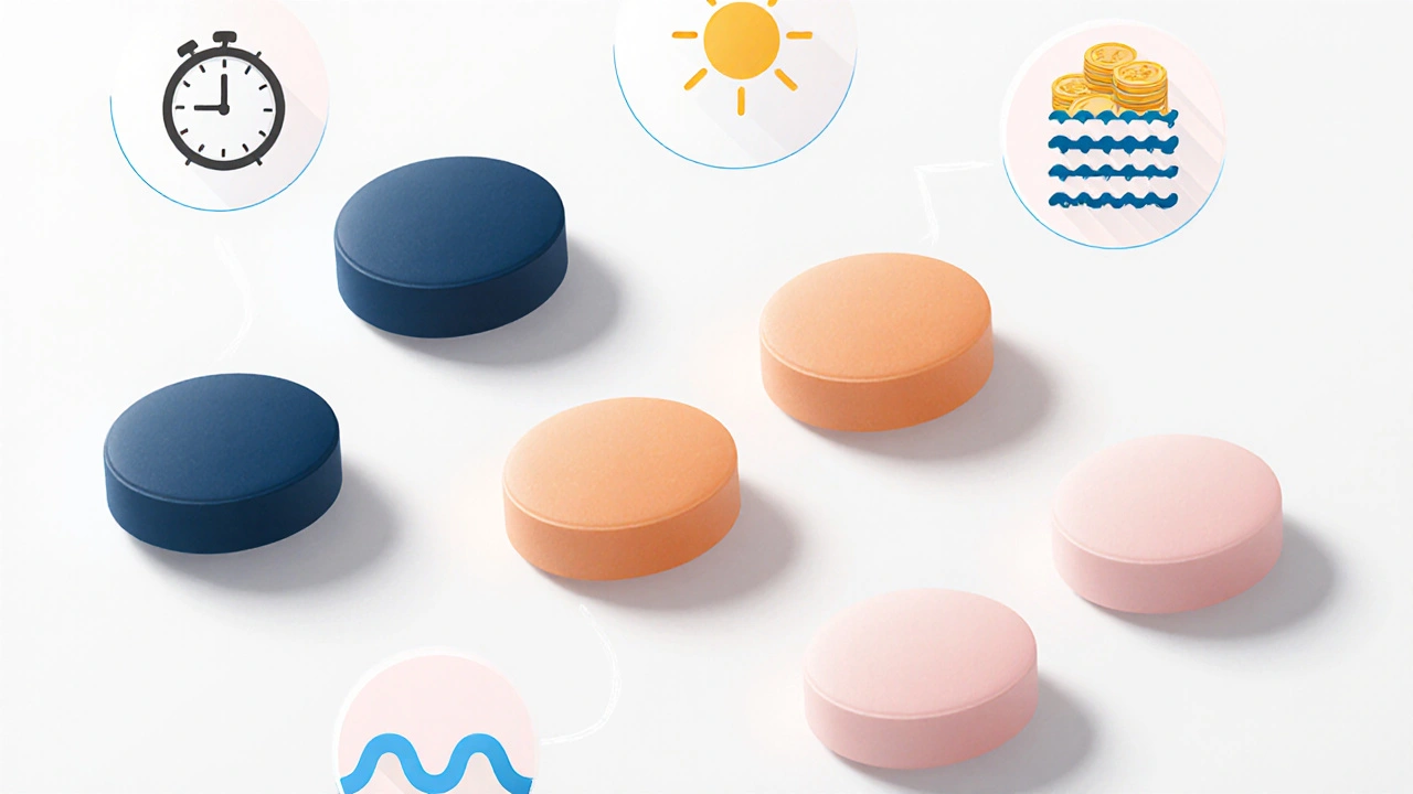 Assortment of colored pills arranged with icons for speed, duration, and cost.