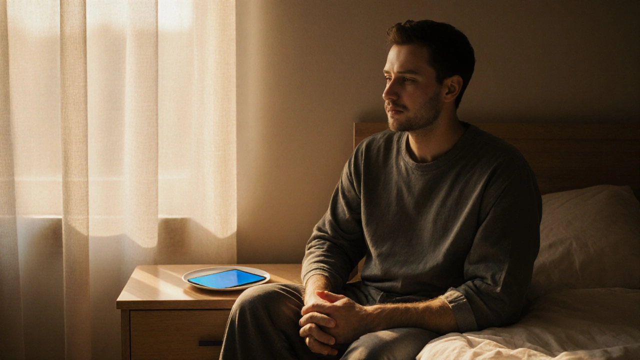 Calm bedroom scene with a single tablet on nightstand, implying Zenegra choice.