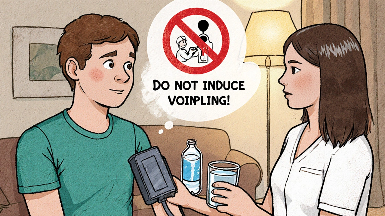 Caregiver checking blood pressure, offering water and electrolyte solution, with a no‑vomit sign.