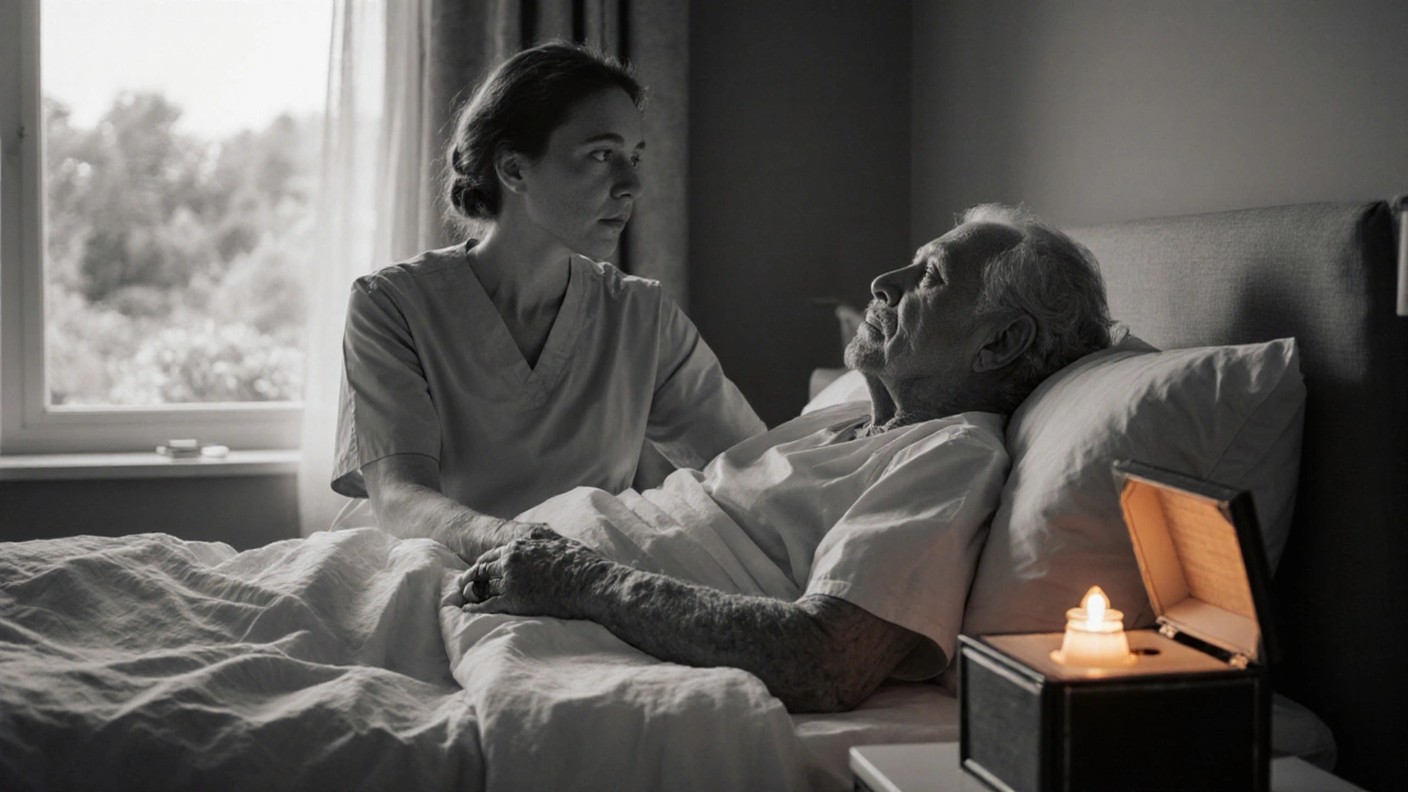 Caregiver comforting an elderly patient in a hospice room.