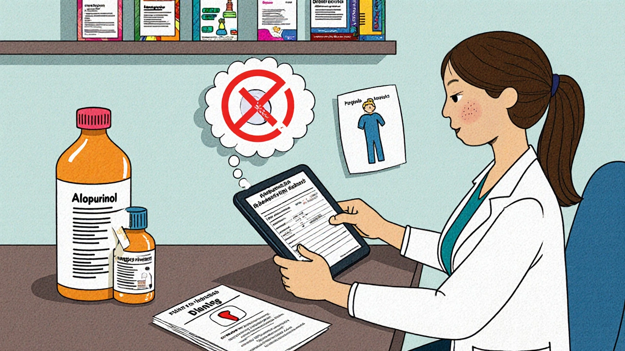 Cartoon doctor’s office with medication list, reduced azathioprine bottle, and warning card.