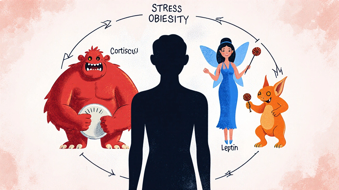Cartoon hormones – cortisol monster, leptin fairy, ghrelin gremlin – around a figure.