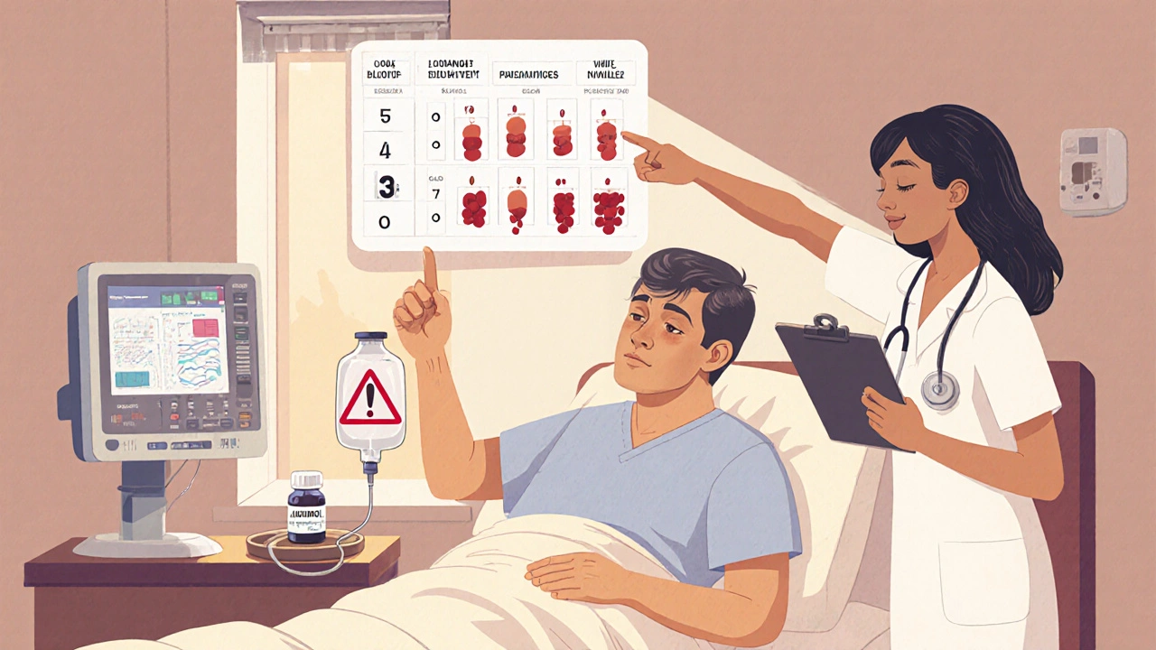 Cartoon hospital bedside with patient, nurse, and doctor monitoring low blood counts.