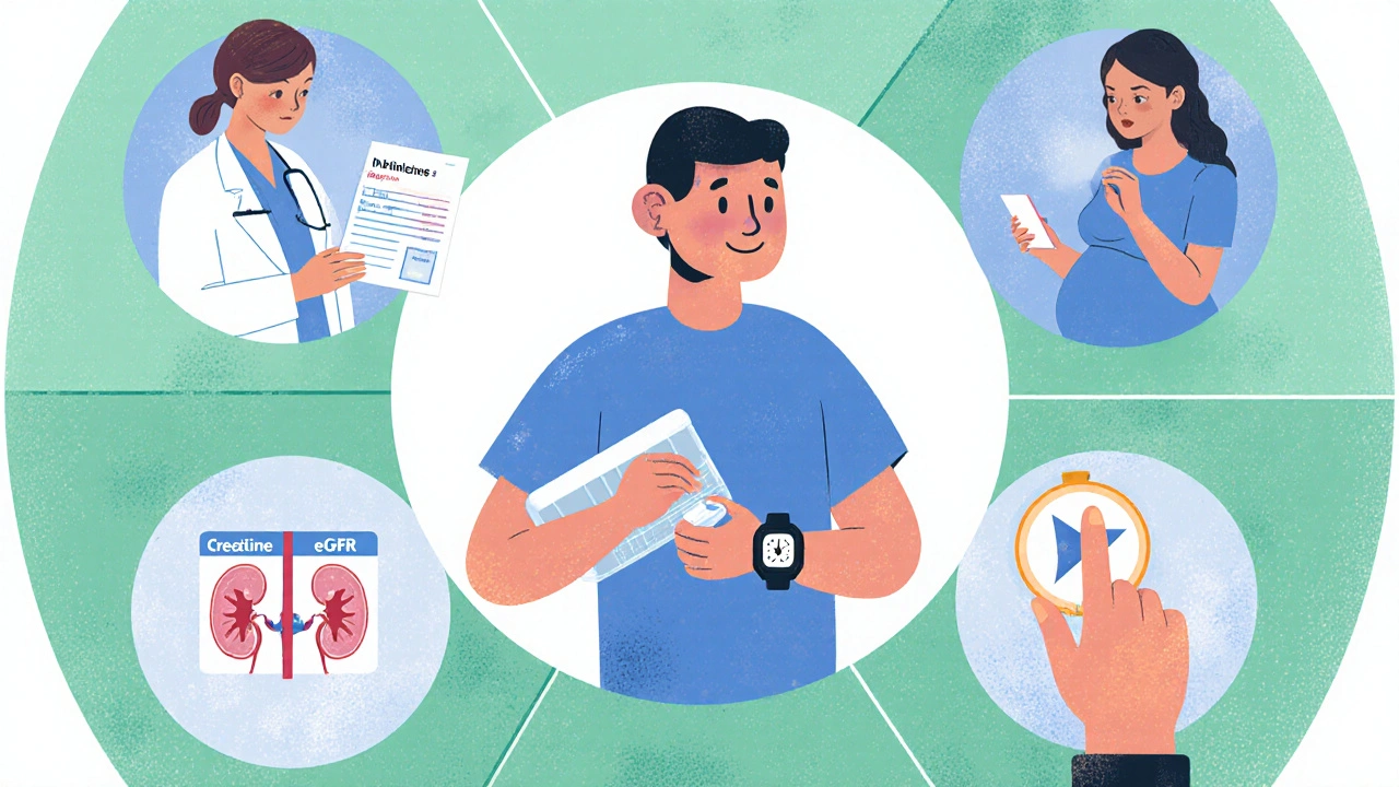Cartoon patient with pill box, alarm, doctor, and lab charts emphasizing adherence and monitoring.