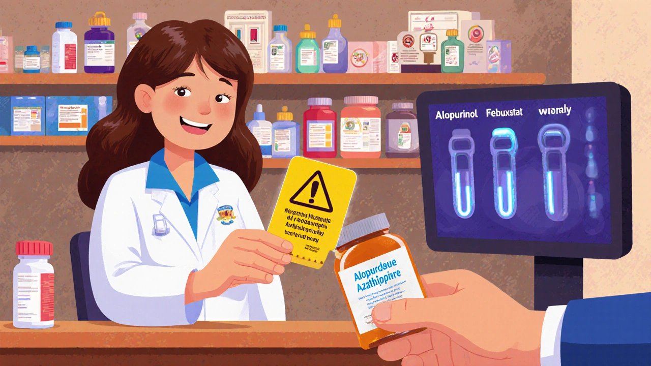 Cartoon pharmacy counter where pharmacist gives patient a warning card and reduced-dose medication.