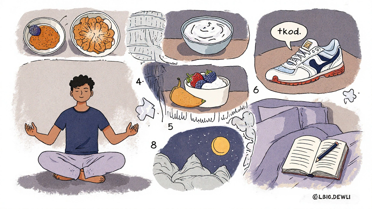 Cartoon toolkit showing breathing, protein meal, berries, walking, sleep, journaling.