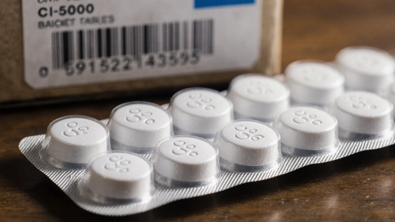 Close‑up of blister pack with ciprofloxacin tablets showing imprint and batch number.