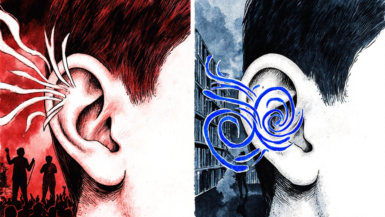 Contrasting images of high and low-dose aspirin effects on tinnitus, with sound and blood flow symbols.