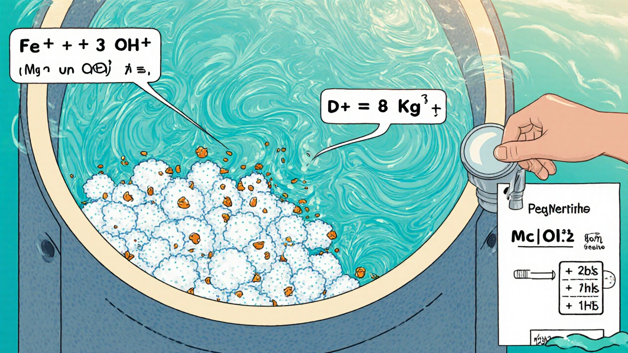 Cross‑section of clarifier showing magnesium hydroxide forming flocs with iron and manganese particles.