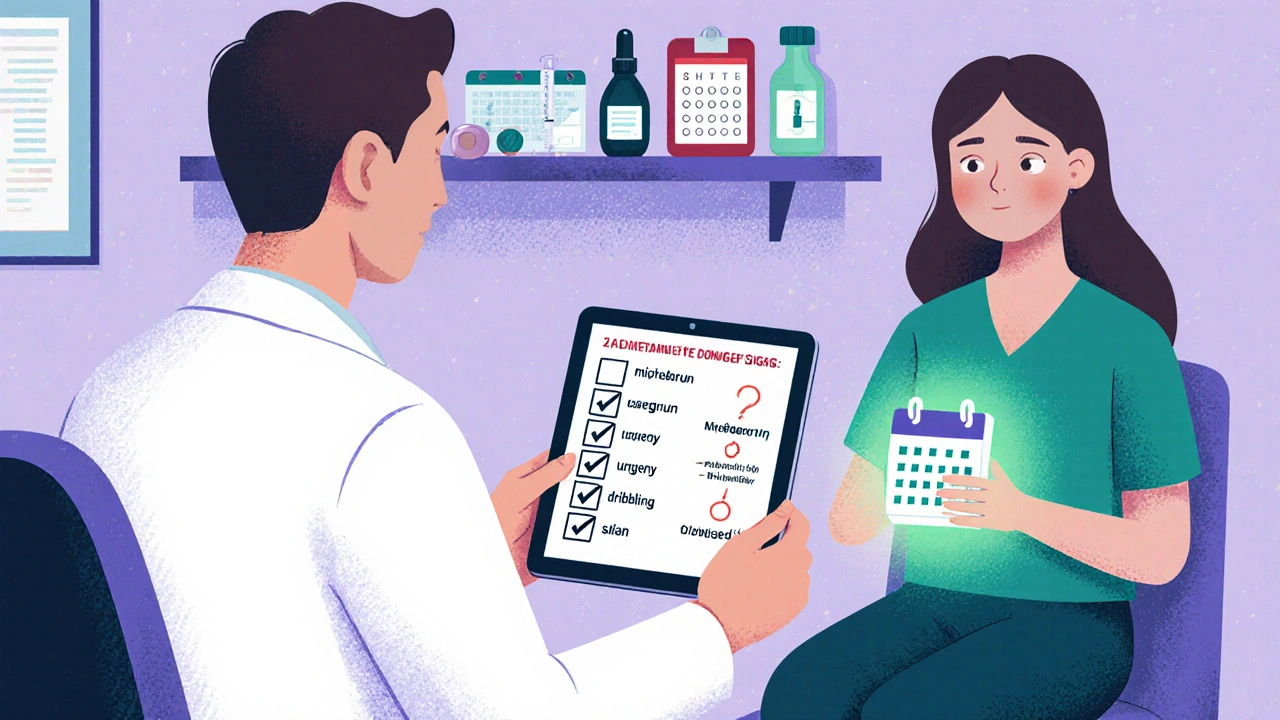 Doctor and patient reviewing danger signs checklist, with alternative therapy items and a home bladder scanner.