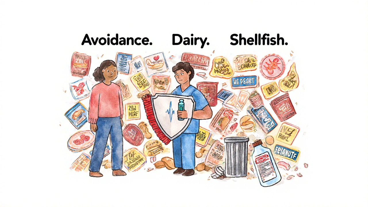 Doctor holding epinephrine injector protecting patient from allergen-labeled foods