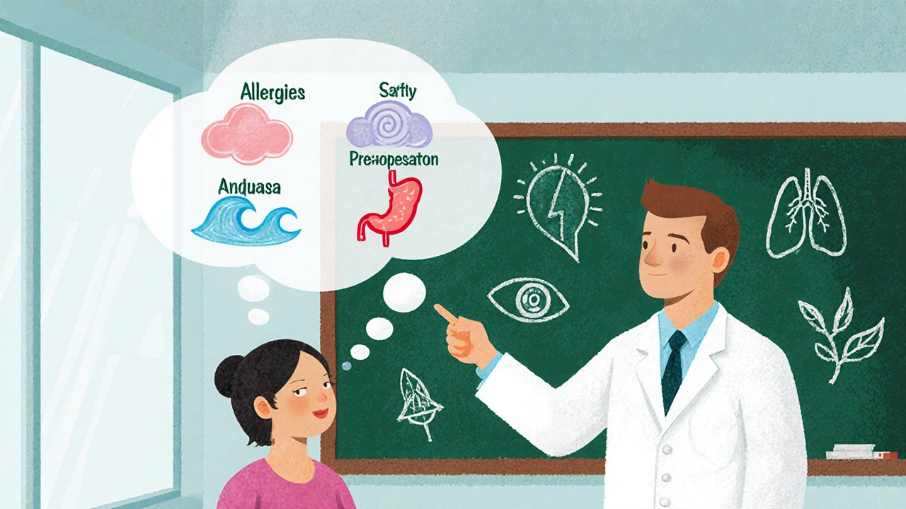 Doctor showing a patient a thought bubble with icons for symptoms and drug options.