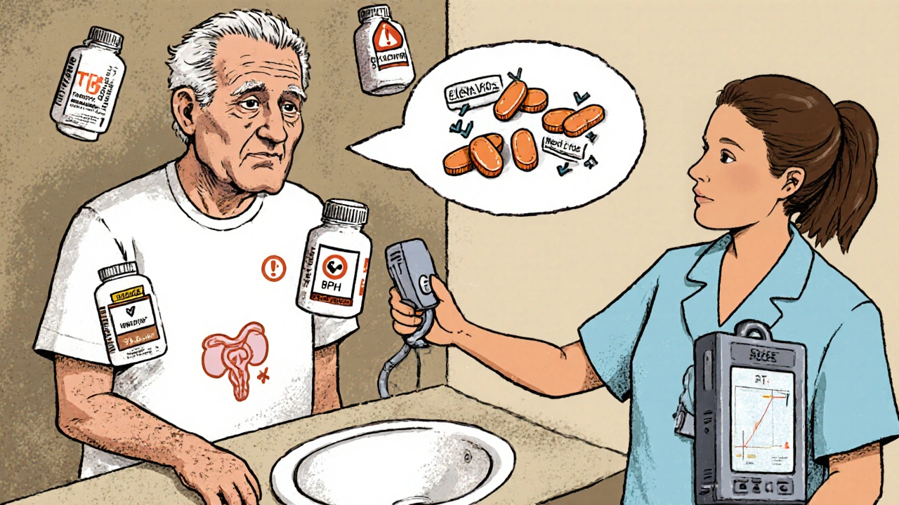 Elderly man with BPH surrounded by medication bottles and a nurse using a bladder ultrasound scanner.