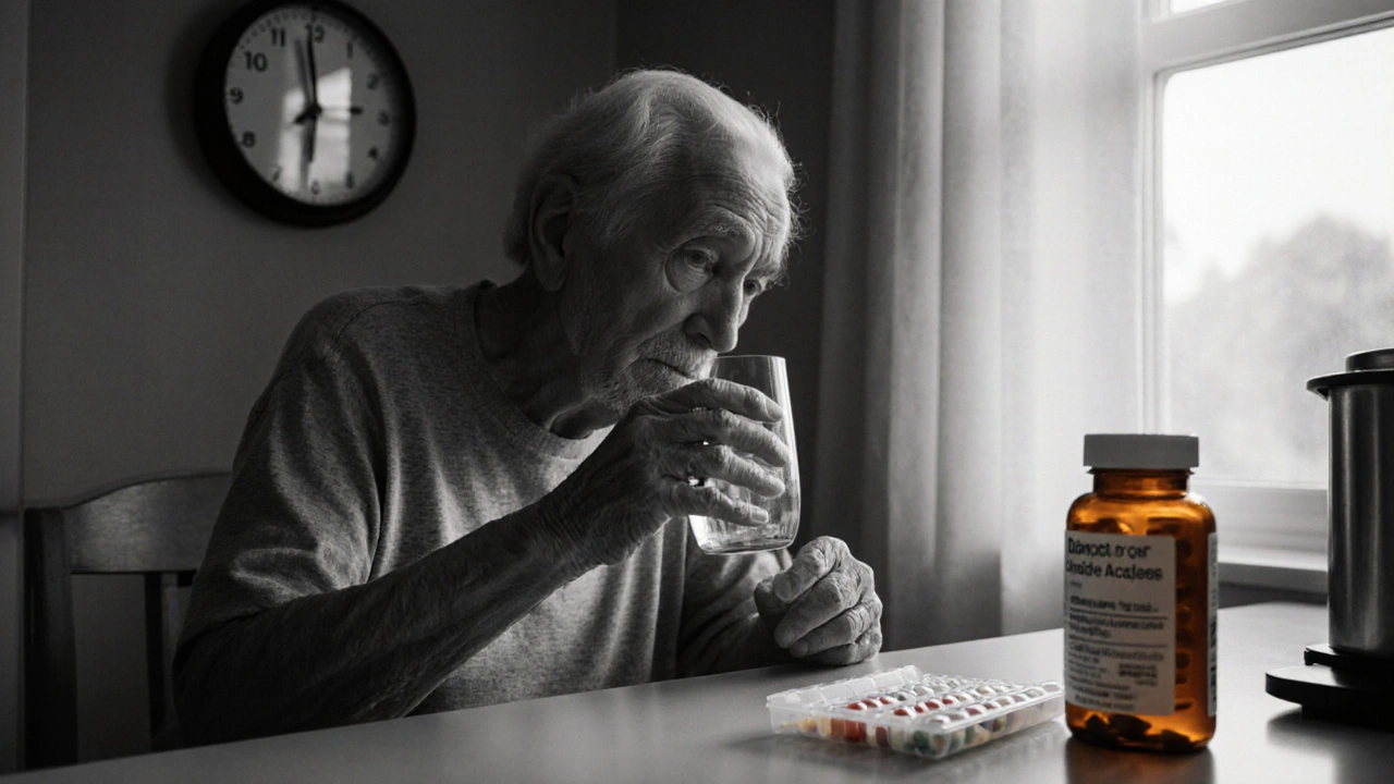 Elderly person at a kitchen table with water glass and diuretic pills, depicted in grayscale.