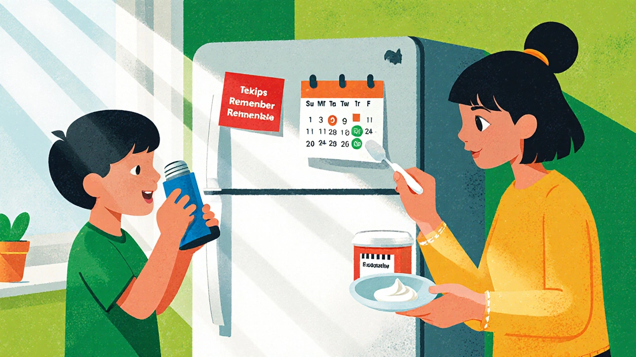 Family using dose‑counter inhaler, calendar reminder, and measured cream for overdose prevention.