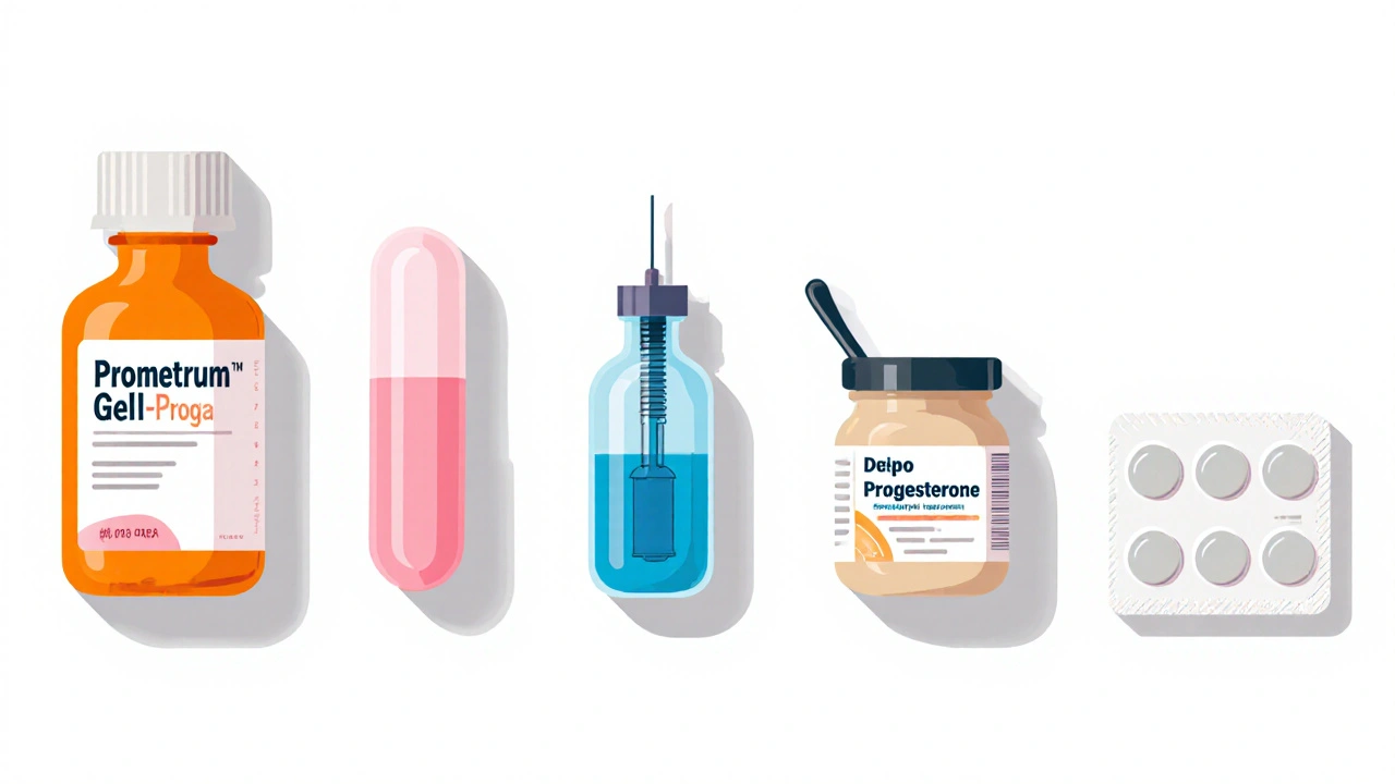 Flat‑lay of six progesterone delivery items: capsule, gel, injection, cream, patch, tablet.