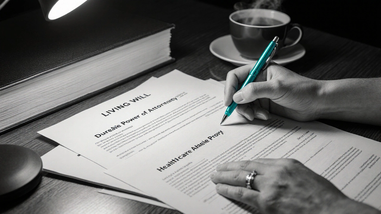 Hand signing advance‑care documents on a table with a teal‑tipped pen.