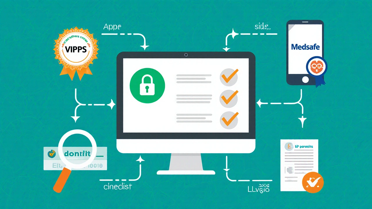 Illustrated checklist with icons for padlock, VIPPS seal, Medsafe logo, and prescription document.