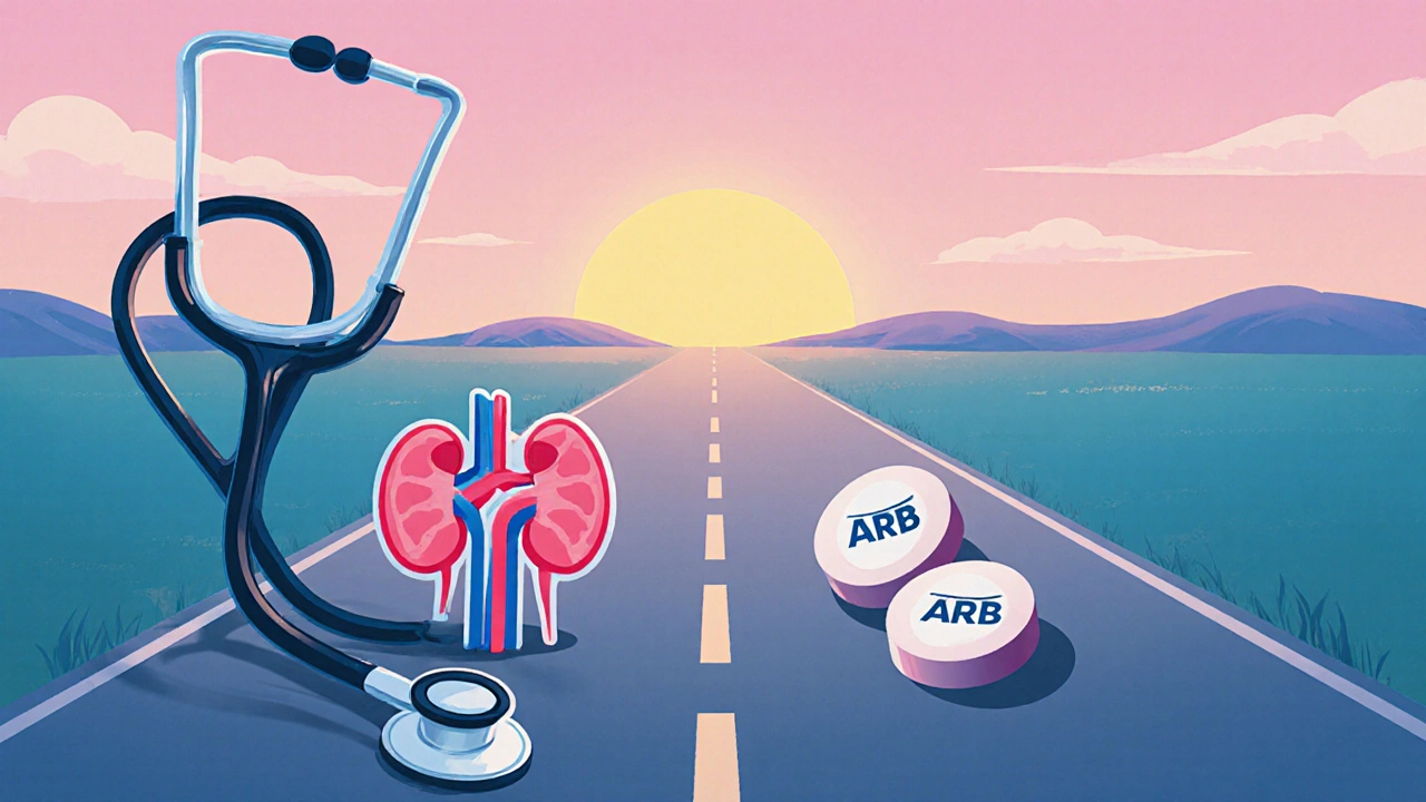 Illustration of a decision path with heart and kidney icons, a sunrise, and diverging pill lanes.
