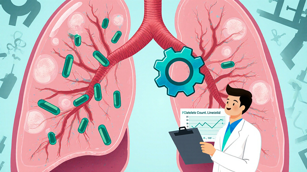 Illustration of linezolid blocking bacterial ribosomes in lung tissue.