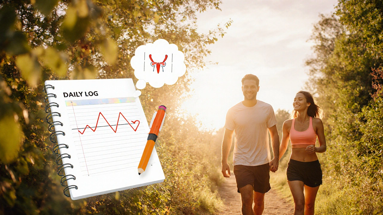 Man and partner walking at sunrise, with diary and pelvic exercise icons indicating recovery.