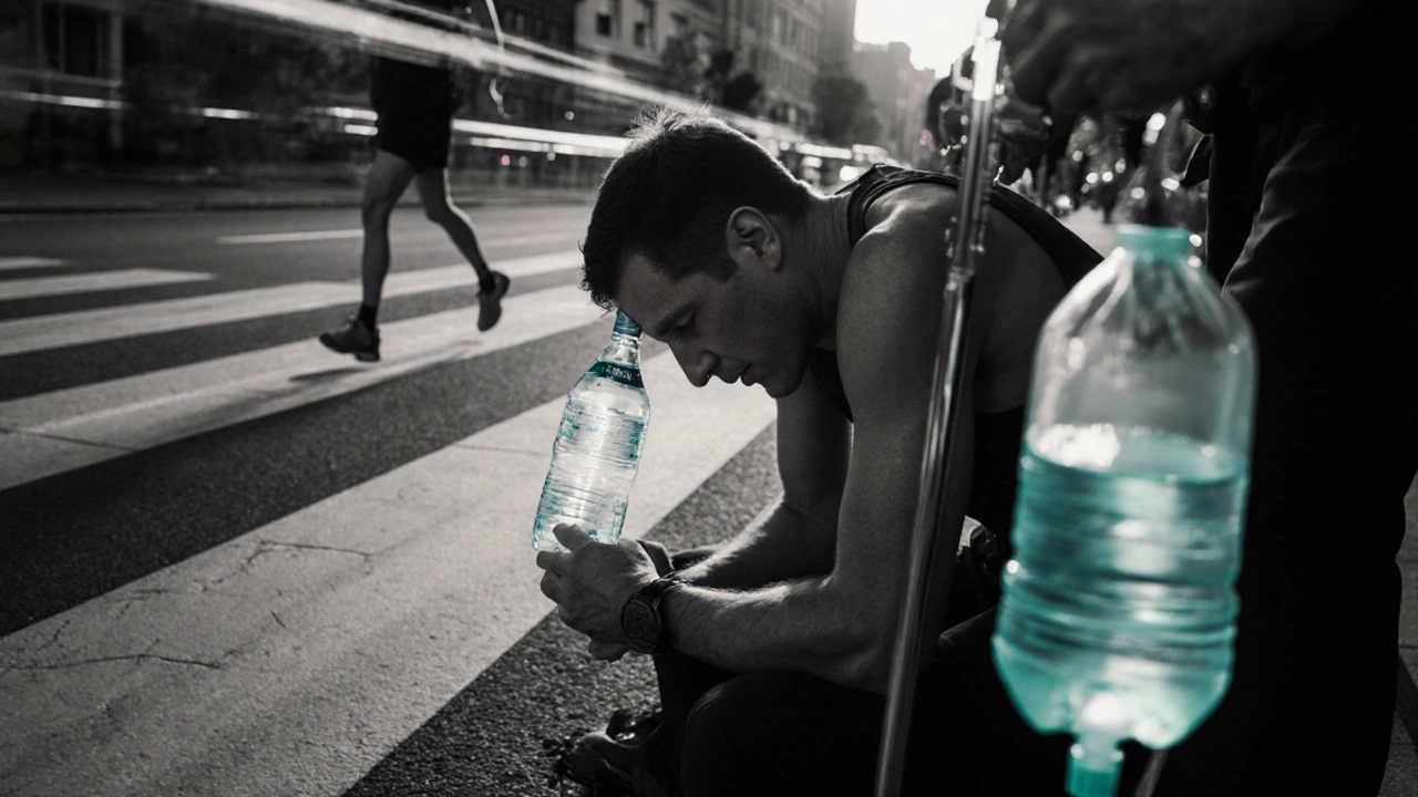 Marathon runner collapses while receiving hypertonic saline IV in a dramatic grayscale scene.