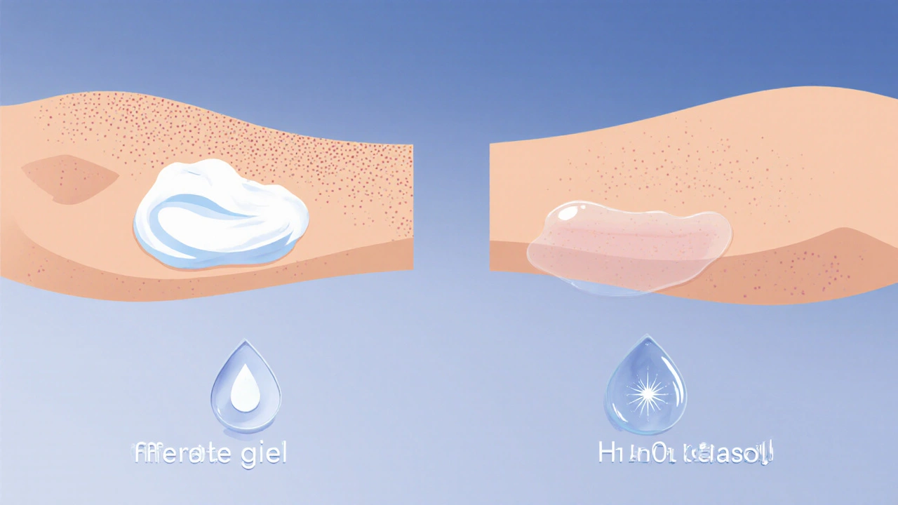 Medical illustration comparing cream and gel application on skin cross‑sections of elbows.