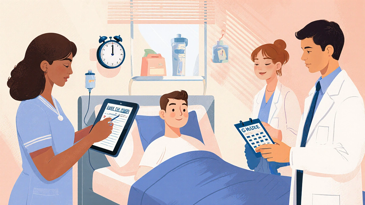 Medical team monitoring a patient after melphalan infusion with checklist.