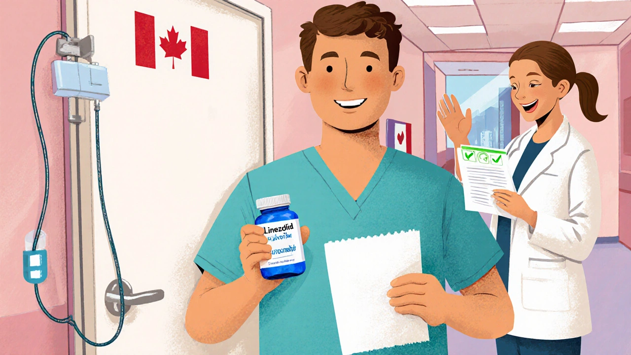Patient leaving hospital holding linezolid pills after oral step‑down.