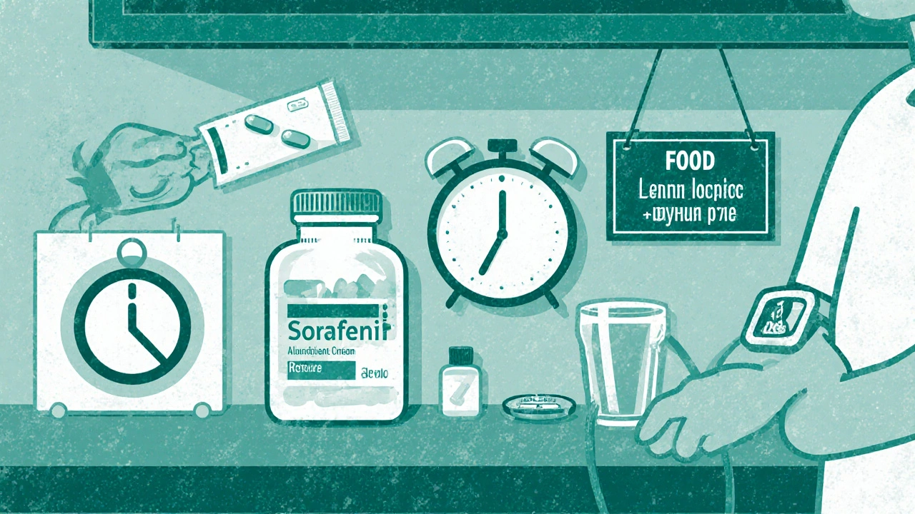 Patient prepares Sorafenib dose with water, timer, and sideâeffect tools on a kitchen counter.
