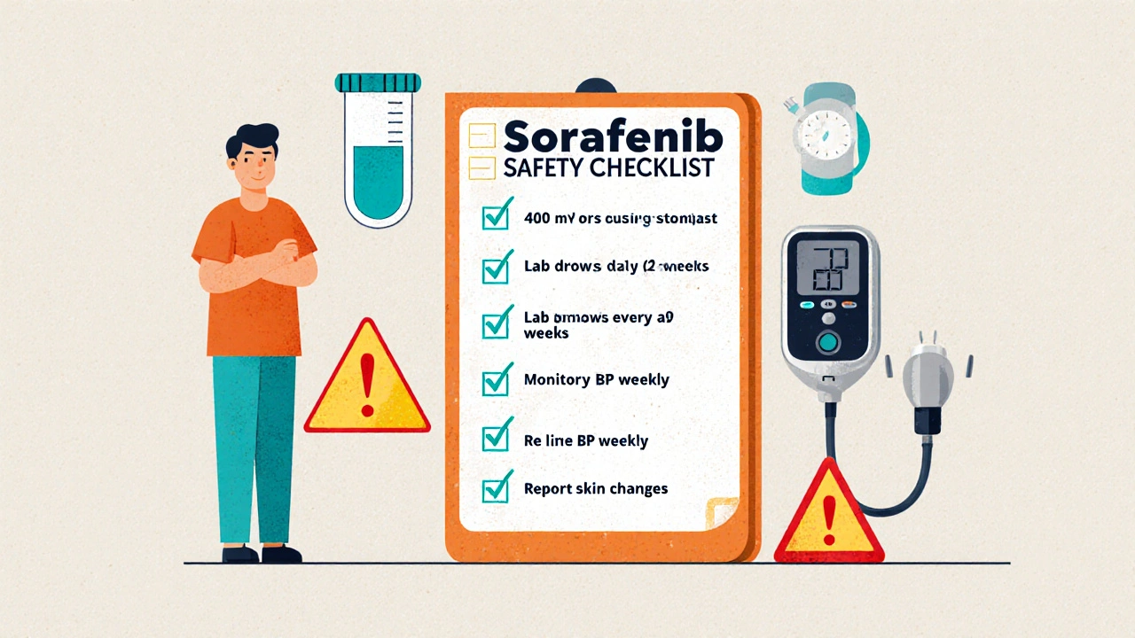 Patient reviews a Sorafenib safety checklist with lab tubes, BP monitor, and phone icon.