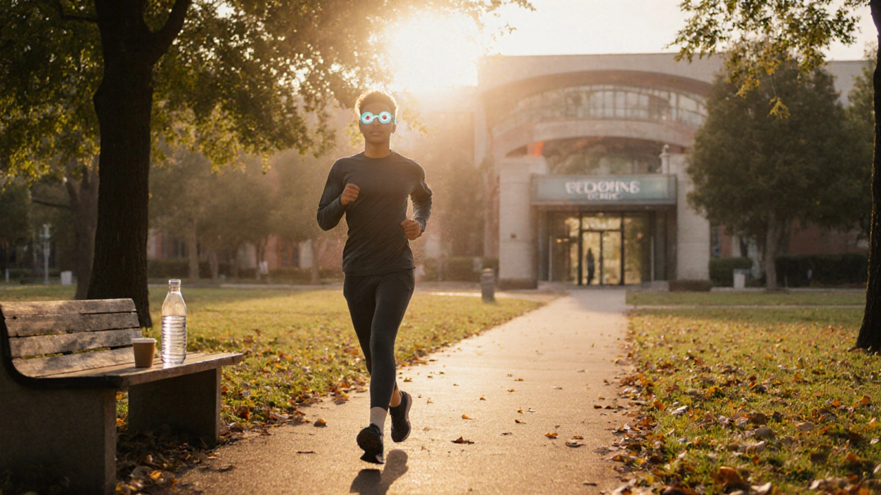 Person jogging in a park at sunrise, symbolizing lifestyle benefits for eye health.