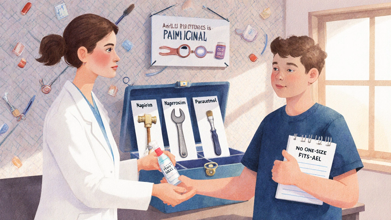 Pharmacist giving topical gel instead of pills, with a toolbox of pain relief tools and a pain journal on a cozy counter.