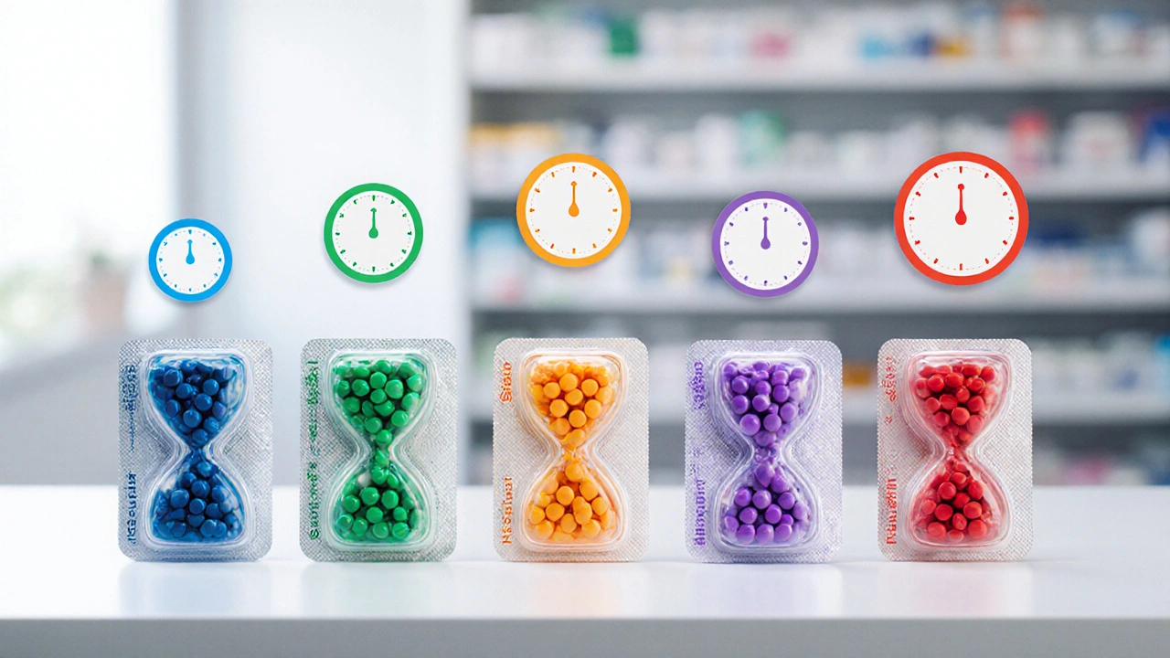 Pharmacy counter with five blister packs of colored ARB tablets and hourglass icons above each.