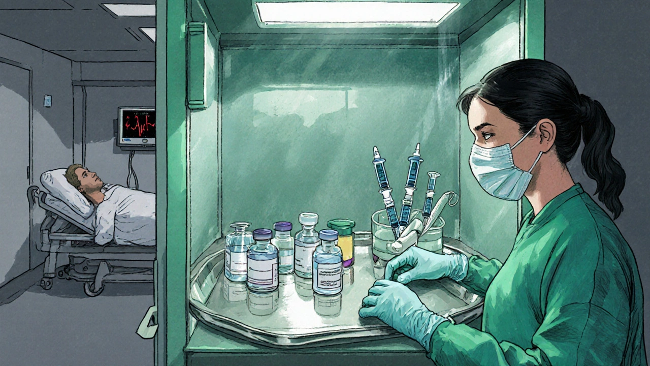 Pharmacy technician preparing melphalan in a safety cabinet with equipment.