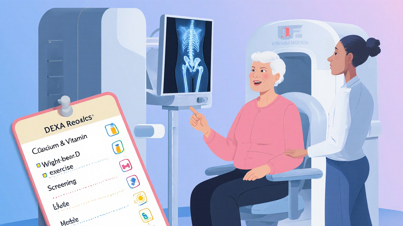 Senior woman receiving a DEXA scan with doctor and a pastel bone‑health checklist.