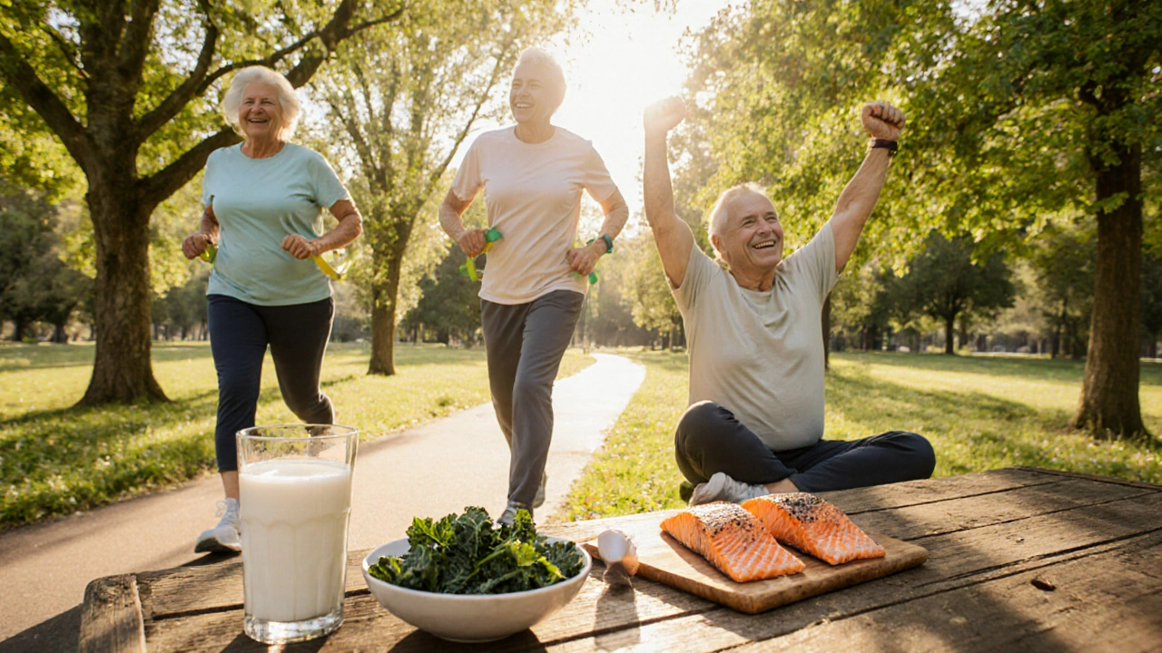 Seniors exercising outdoors with calcium‑rich foods and sunlight on a park table.