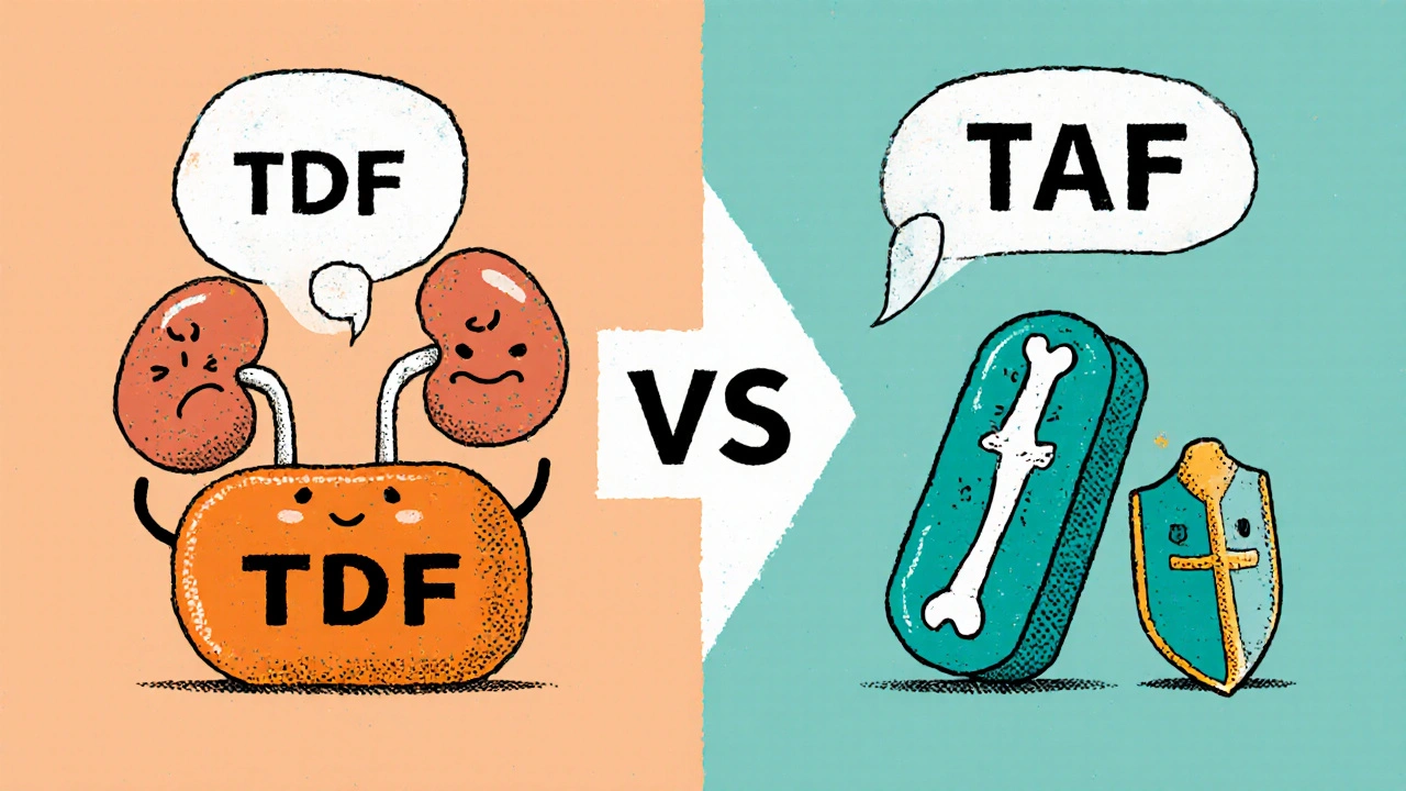 Side‑by‑side cartoon of TDF and TAF pills with kidney and bone icons showing safety differences.
