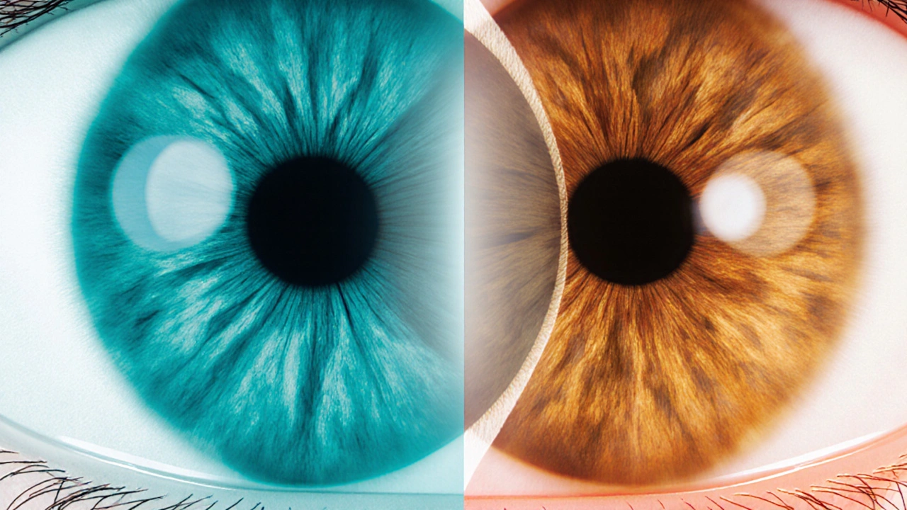 Side‑by‑side eyes contrasting normal pressure with optic nerve damage and high pressure with a healthy nerve.