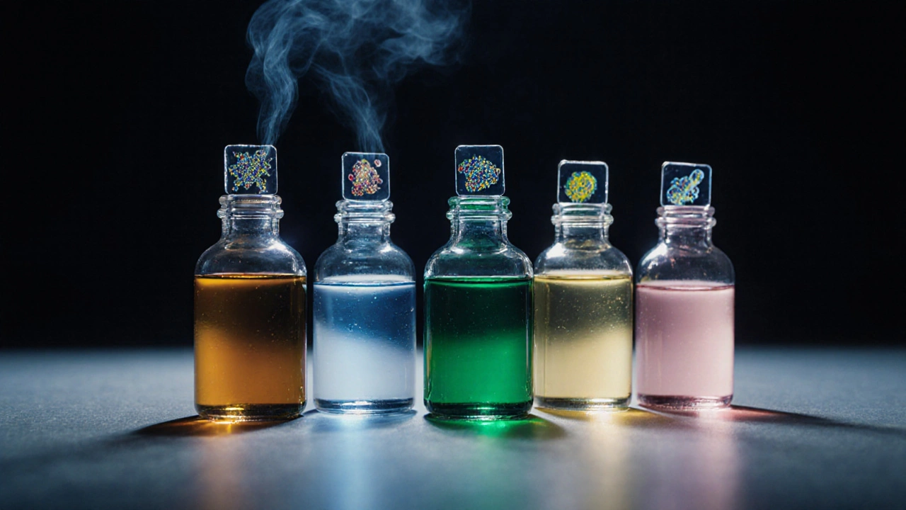 Six antibiotic vials on a lab bench, each with colored liquid and bacterial slide props, dramatic lighting.