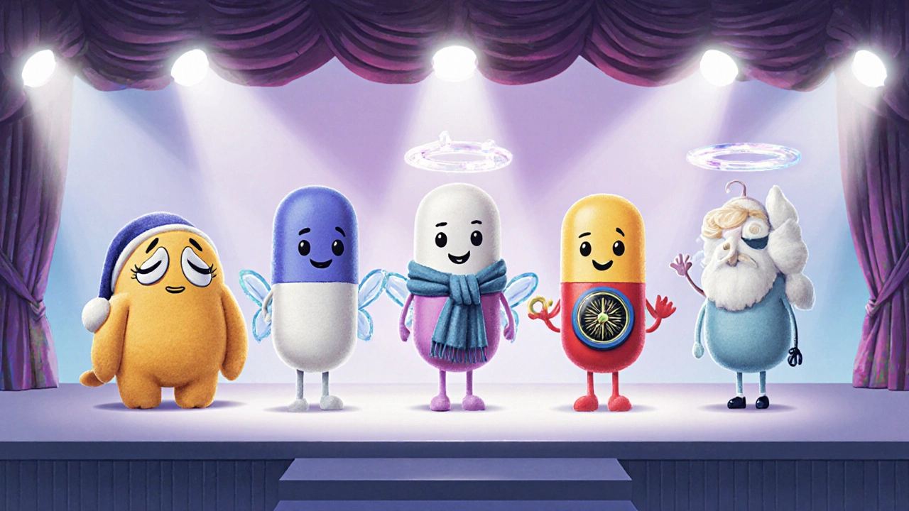 Six pill characters representing different antihistamines, each showing unique traits.