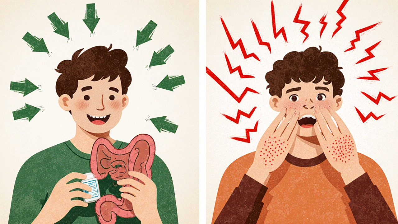 Split scene: one person digesting food with enzymes, another having allergic reaction despite pills