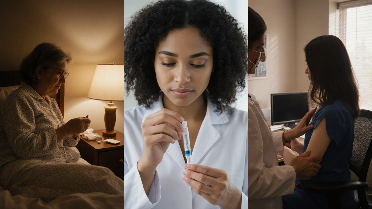 Three scenes: woman taking oral pill, IVF patient using vaginal gel, woman receiving injection.