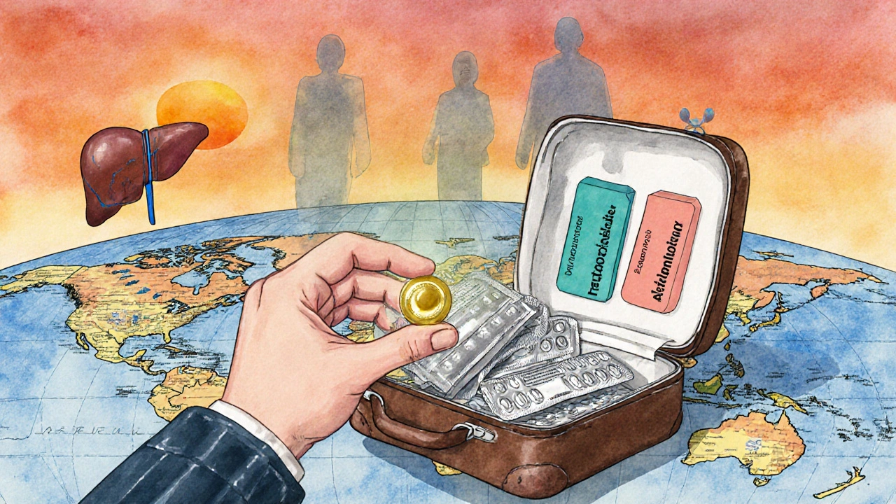 Traveler on a map holding a glowing furazolidone tablet beside other medication packs, watercolor style.