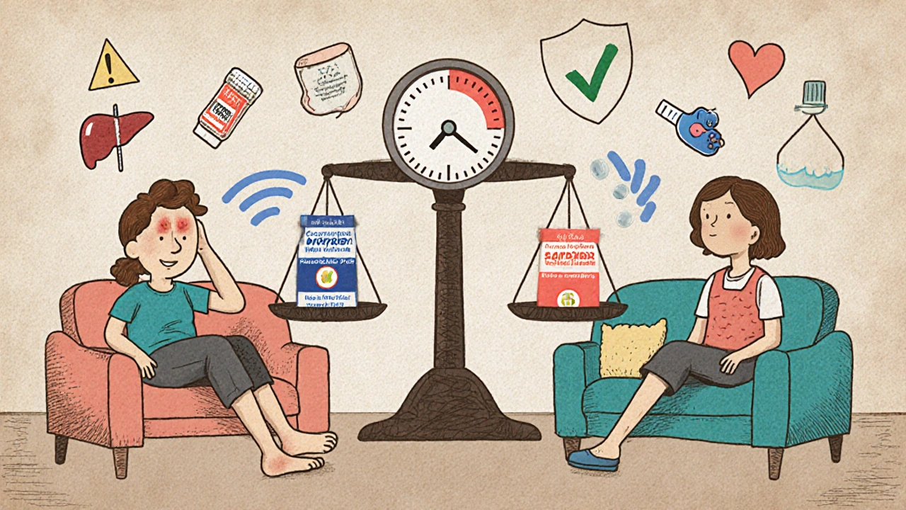 Two people taking different pain relievers—one with inflammation, one with fever—compared with symbolic icons of stomach, liver, and heart safety.