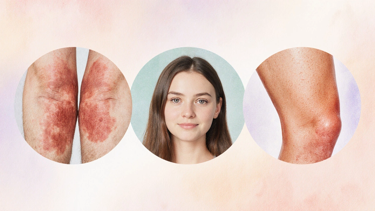 Watercolor collage showing before‑after skin improvements with Himplasia, Dermacort, and Halobetasol.