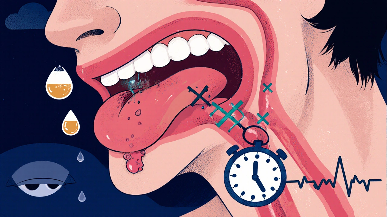 A blocked airway at night with alcohol droplets causing breathing pauses, a pulsing heart, and a ticking clock in the background.